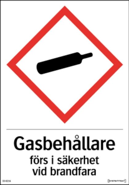 Skylt Gasbehållare förs i säk. 210x297mm plast