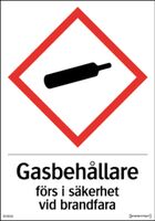 Skylt Gasbehållare förs i säk. 210x297mm plast